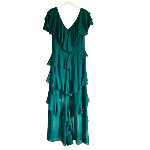 Badgley Mischka Georgette Cascading Emerald Ruffle Gown, High-low Hem, Size 10 - Picture 3 of 11